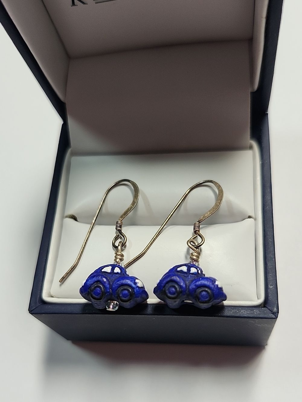Whimsical Blue Car Drop Earrings With Sterling Silver Hooks